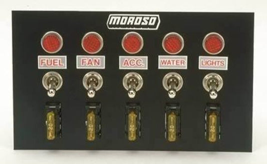 Moroso MO74134 Toggle Switch Panel; Accessory; 4 In. X 6.75 In.; Power Indicator Lights; Incl. 5 On and Off Switches 25 Lamp Load Or 35 Inductive Load