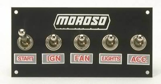 Moroso MO74136 Switch Panel Aluminium Black 5 In. Wide 2.5 In. Tall 5 Toggle Switches (each)