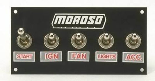 Moroso MO74136 Switch Panel Aluminium Black 5 In. Wide 2.5 In. Tall 5 Toggle Switches (each)