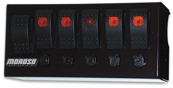 Moroso MO74190 Cage Mount Lighted 6 Rocker Switch Panel 8"W X 3.75" H