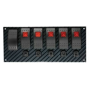 Moroso MO74193 Rocker Switch Panel; Dash Mount; 8 X 3 13/32 In.; Orange Led Indicator; Fiber Design; 5 Resetable 20 Amp Circuit Breakers; Black/Black;