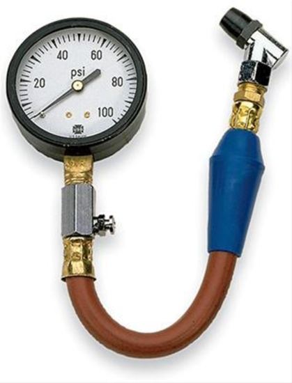 Moroso MO89570 Tyre Pressure Gauge; 0-100 PSI.; 2 5/8 In. Dia. Face; 15.5 In. Hose; Finger Operated Air Bleed Vlv; Swivel Chuck;