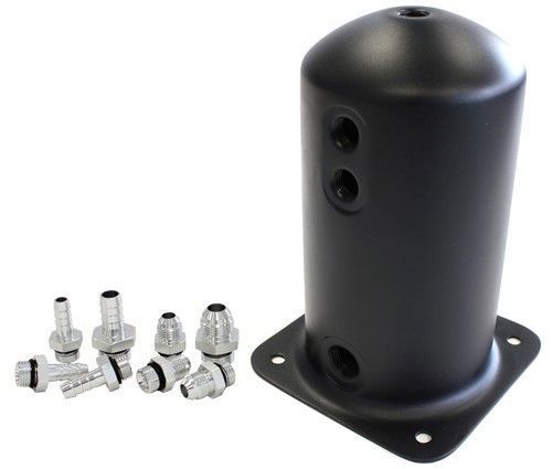 Aeroflow AF49-1016BLK Surge Tank 2.5L Anodised Black3x3/8 1x1/2 Or 3x -6AN 1x -8An