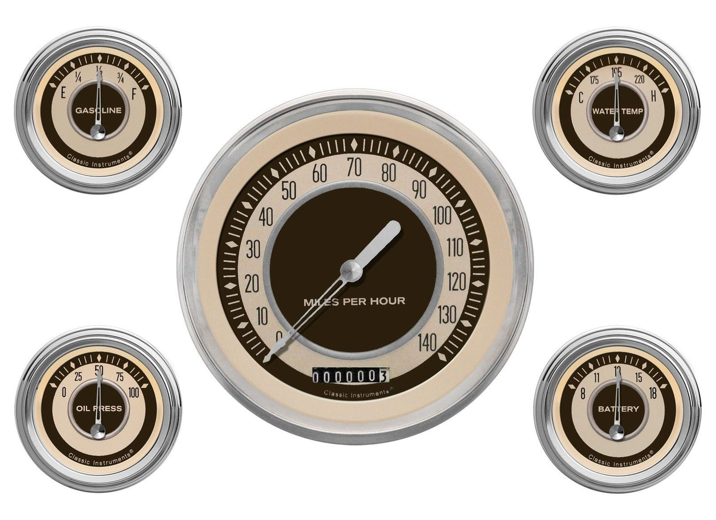 Classic Instruments NT54SLC Nostalgia VT 4 - 5/8" Speedo, 2-1/8" Fuel, Oil, Temp