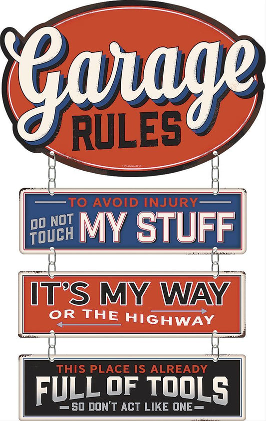 ORB-90166768 Garage Rules Linked Steel Sign 12" x 19"