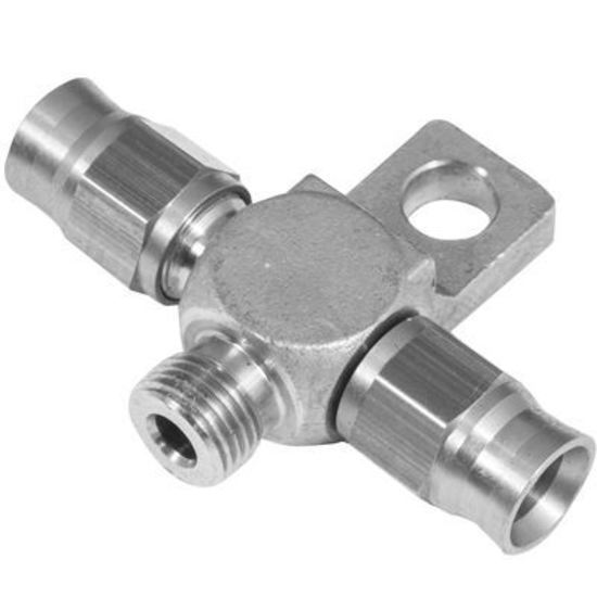 Proflow PFE328-03-01 Stainless Steel Brake Adaptor Tee Block 1/8" Bsp to 2 x -03AN Hose w/Mount Tab