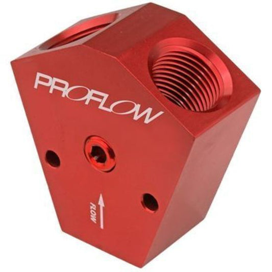 Proflow PFE451-10-08R Fuel Block Y-Type Billet Aluminium Red Anodised 1/2" " NPT Female Inlet 3/8 " NPT Female Outlets 1/8" NPT Gauge Port