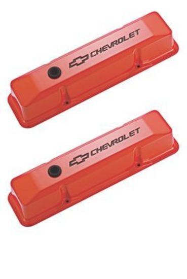 Proform PR141-118 'Chevrolet & Bowtie Emblem' Die-Cast Valve Covers Chevrolet S/B V8 1958-86 Recessed Emblem Orange