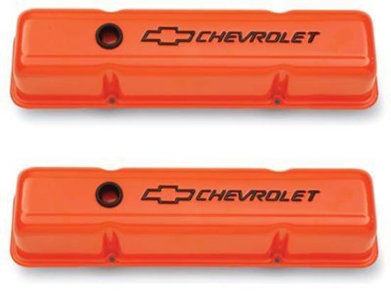 Proform PR141-784 'Chevrolet And Bowtie Emblem' S/B V8 Stamped Valve Covers Tall Orange.