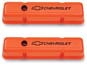 Proform PR141-784 'Chevrolet And Bowtie Emblem' S/B V8 Stamped Valve Covers Tall Orange.