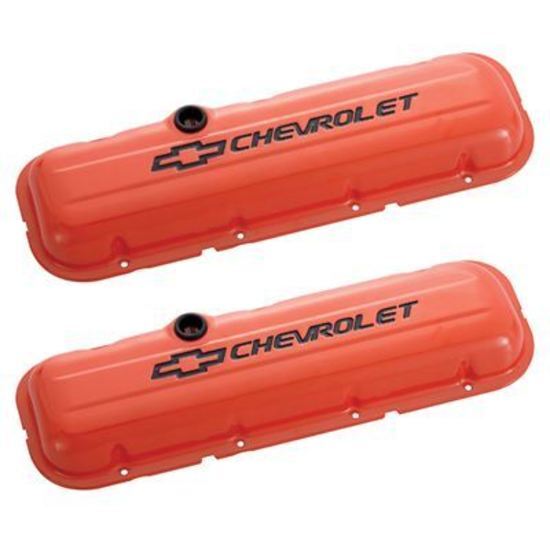 Proform PR141-789 Chevrolet And Bowtie Emblem' B/B Stamped Valve Covers Short w/ Baffle Black Lettering And Black Bowtie Orange