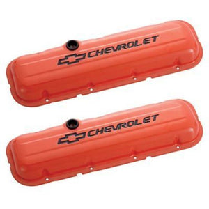 Proform PR141-789 Chevrolet And Bowtie Emblem' B/B Stamped Valve Covers Short w/ Baffle Black Lettering And Black Bowtie Orange