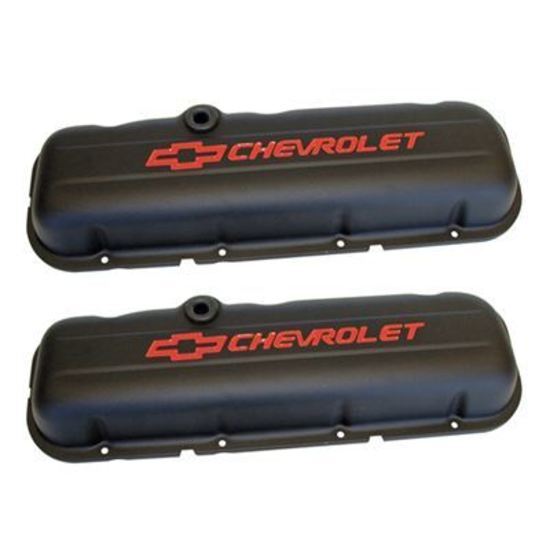 Proform PR141-810 Chev B/B Valve Covers Chevrolet & Bowtie Logo Short Black Crinkle