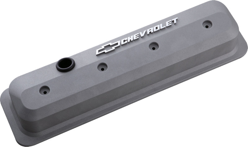 Proform PR141-842 Die-Cast Aluminium Slant Edge Valve Covers Gray suit SB Chev Vortec w/ Raised Chevrolet Logo & Bowtie Emblem