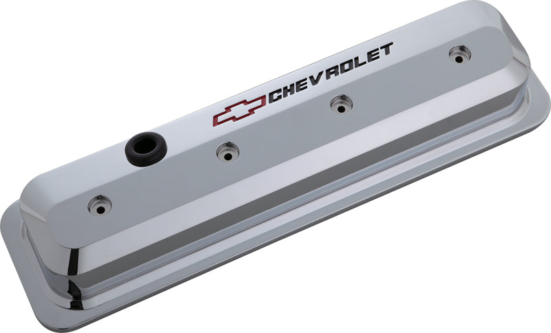 Proform PR141-844 Die-Cast Aluminium Slant Edge Valve Covers Chrome suit SB Chev Vortec w/ Recessed Chevrolet Logo & Bowtie Emblem