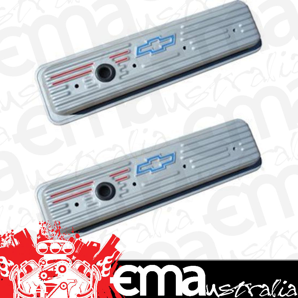 Proform PR141-908 Chevrolet Red Bowtie Emblem S/B Center Hold-Down Stamped Valve Covers 87-Ls Metallic Gray