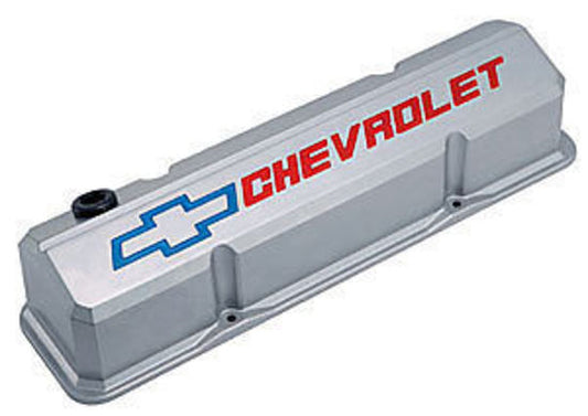 Proform PR141-923 Tall Alloy Valve Covers Grey w/ Red/Blue Logo Chev SB Gen I