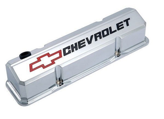 Proform Parts | PR141-930 | Chev SB Tall Alloy Valve Covers Chrom Chevrolet Emblem