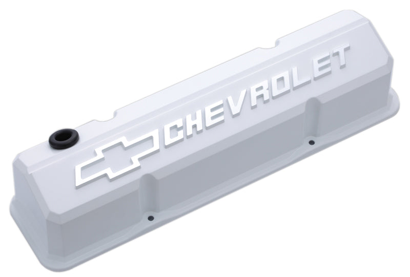 Proform PR141-935 Die-Cast Aluminium Slant Edge Valve Covers White suit SB Chev w/ Raised Chevrolet Logo & Bowtie Emblem