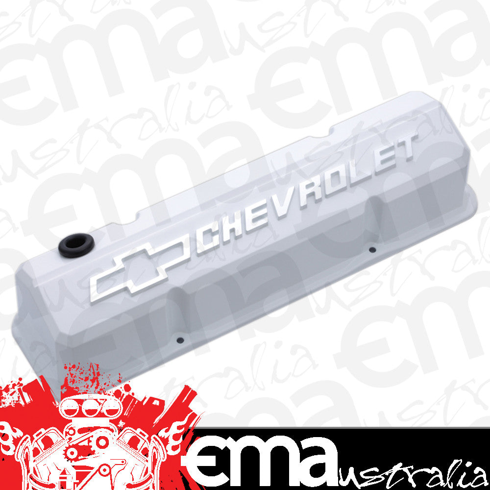 Proform PR141-935 Die-Cast Aluminium Slant Edge Valve Covers White suit SB Chev w/ Raised Chevrolet Logo & Bowtie Emblem