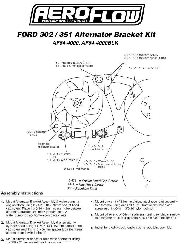 Aeroflow AF64-4000BLK Ford 351C Clev Billet Black Alternator Bracket D/Side Mid Mount Aeroflow - AF64-4000Blk