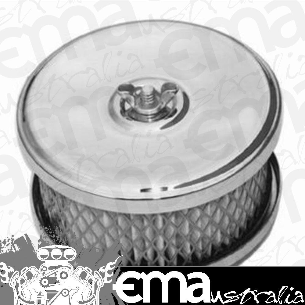 RPC RPCR2170 Chrome Steel Dish Style Air Cleaner Set w/ Paper Element & Raised Base fits 1Bbl & 2Bbl w/ 2-5/8" Neck 5" Steel Stud w/ Wing Nut Included Rp