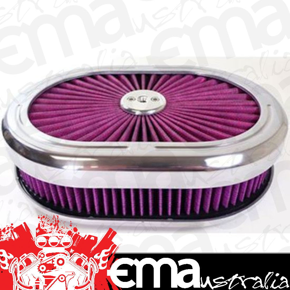 RPC RPCR5023 Oval Super Flow Filter Air Cleaner Kit 15"x2" Aluminium Plain Style Polished w/Pre-Oiled Washable Element