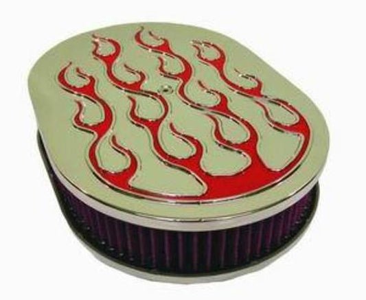 RPC RPCR5124 12" Polished Raised Red Flame Oval Air Cleaner w/ Washable 2" Element fits Single Carburettors w/ 5/8" Neck Mounting Stud Included