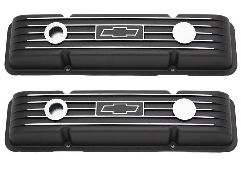 RPC RPCR6334 Alloy Short Valve Covers Chev SB 283-400Cid Black w/ Chev Logo