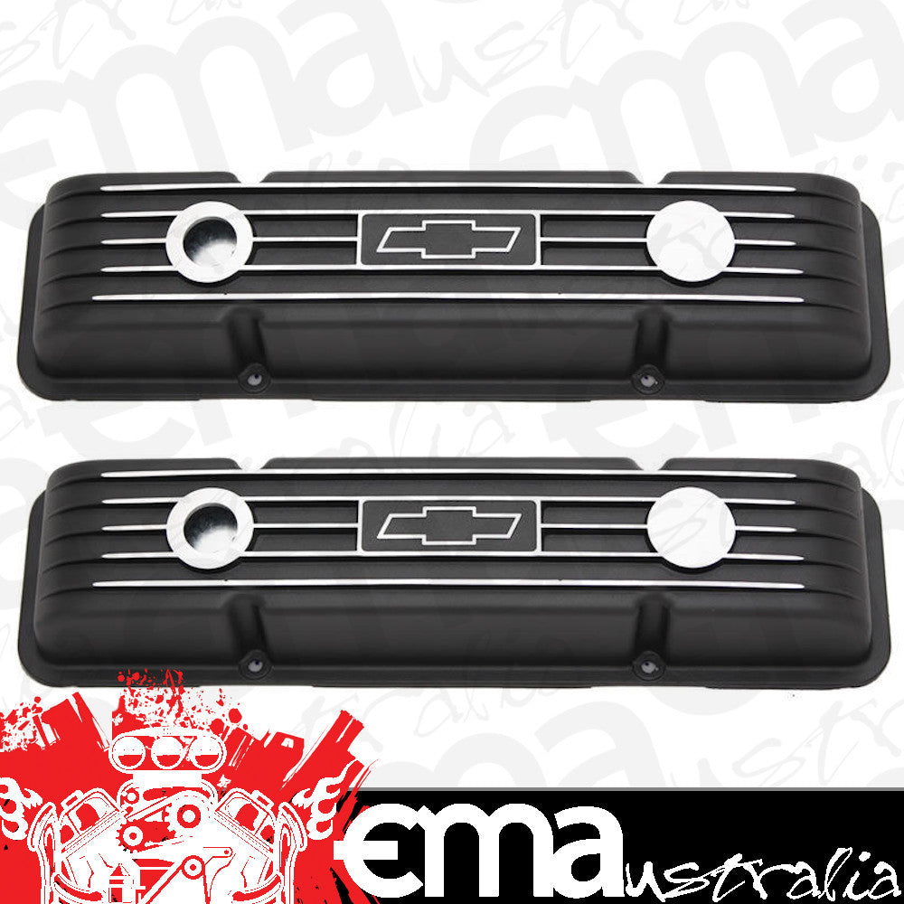 RPC RPCR6334 Alloy Short Valve Covers Chev SB 283-400Cid Black w/ Chev Logo