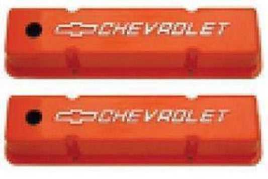 RPC RPCR7618 Fabricated Orange Aluminium Tall Valve Covers Chev SB w/Chev Logo