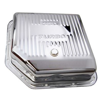 RTS RTS70100CH Chrome Steel Transmission Pan GM Turbo 350 3 1/2' Deeper Than Stock Finned Bottom Incl. Drain Plug