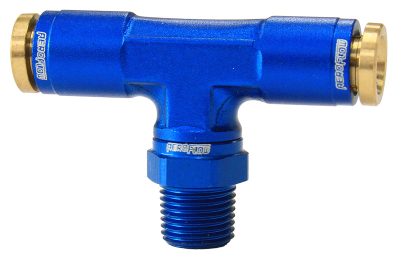 Aeroflow AF124-04-02 1/8" NPT Tee to 2 x 1/4" 120 Series Nylon Blue Fitting
