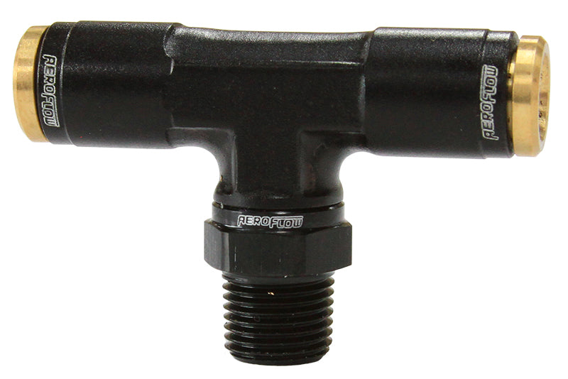 Aeroflow AF124-04-02BLK 1/8" NPT Tee to 2 x 1/4" 120 Series Nylon Black Fitting