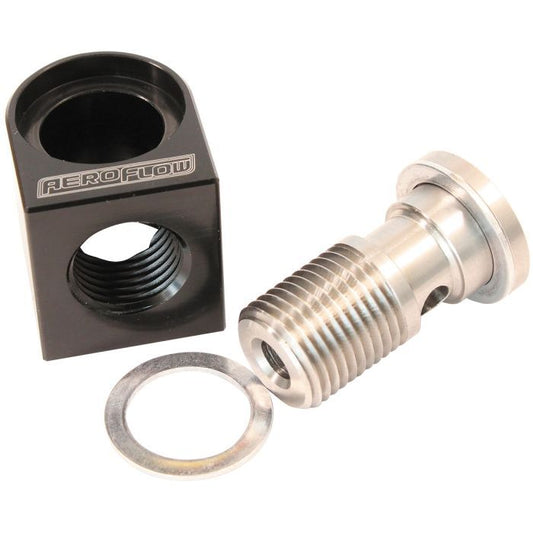 Aeroflow AF77-5017 GM LS Billet Valley Plate Banjo Oil Pressure Adapter Suit GM Factory M16 Oil Pressure Sensor