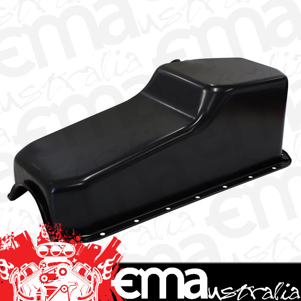 Chev small block Gen 1 262-400 V8.Rear Main Seal Style: 2-piece Steel Stock Oil Pan SBC Black Lh/Side Dipstick Rear Sump Aeroflow Performance Products AF82-9005BLK