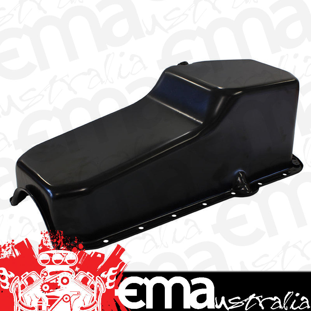Chev small block Gen 1 262-400 V8.Rear Main Seal Style: 2-piece Steel Stock Oil Pan SBC Black Rh/Side Dipstick Rear Sump Aeroflow Performance Products AF82-9092BLK