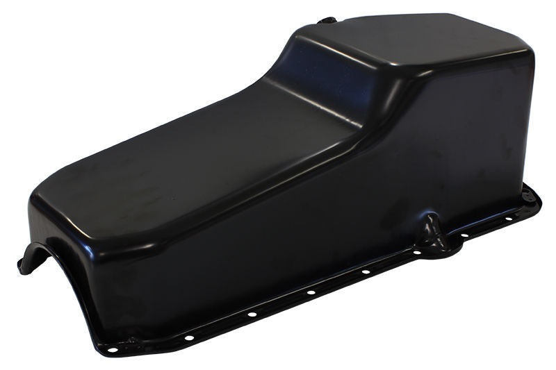 Chev small block Gen 1 262-400 V8.Rear Main Seal Style: 2-piece Steel Stock Oil Pan SBC Black Rh/Side Dipstick Rear Sump Aeroflow Performance Products AF82-9092BLK