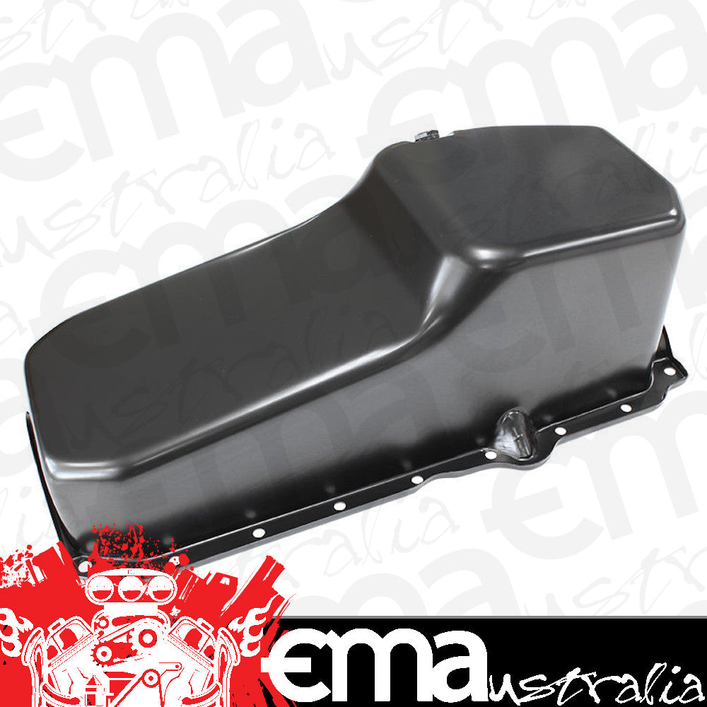 Aeroflow AF82-9414BLK Stock Oil Pan SBC Late '86 On Rh/Side Dipstick Black