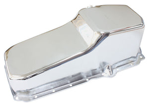 Aeroflow AF82-9414C Stock Oil Pan SBC Late '86 On Rh/Side Dipstick Chrome