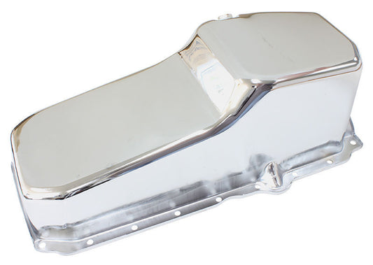 Aeroflow AF82-9414C Stock Oil Pan SBC Late '86 On Rh/Side Dipstick Chrome