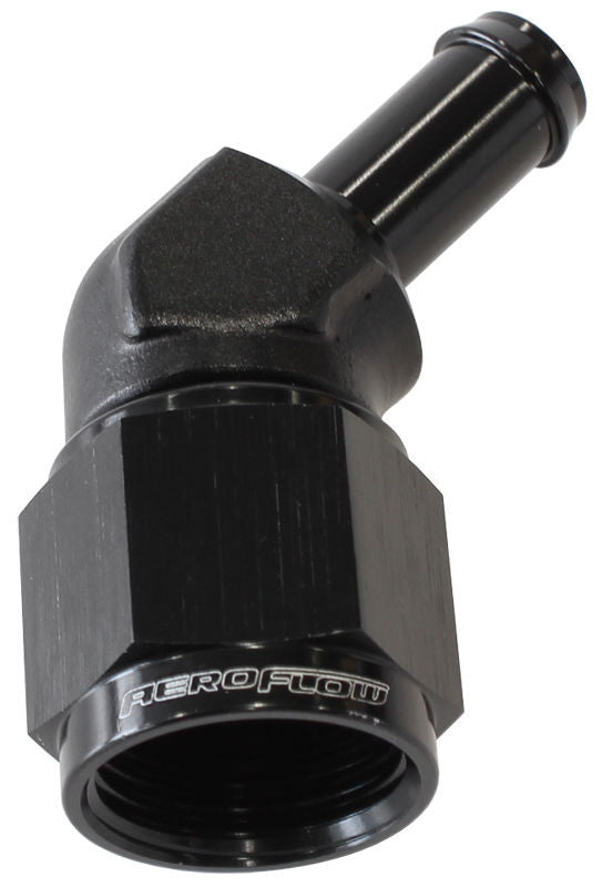 Aeroflow AF412-08-06BLK Female -8AN 45Deg to 3/8" Barb Black Swivel Nut