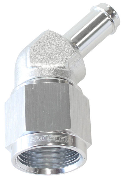 Aeroflow AF412-08-06S Female -8AN 45Deg to 3/8" Barb Silver Swivel Nut