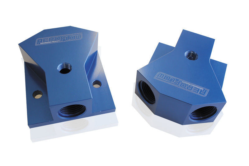 Aeroflow AF453-10-08 Billet Y-Block 2 x -8 1 x -10ORB Blue with Mounting Pad