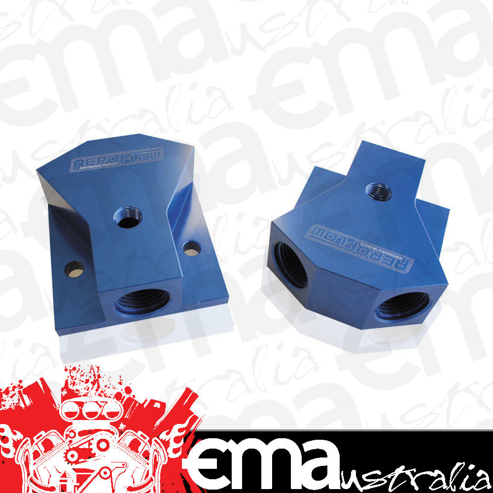 Aeroflow AF453-10-08 Billet Y-Block 2 x -8 1 x -10ORB Blue with Mounting Pad