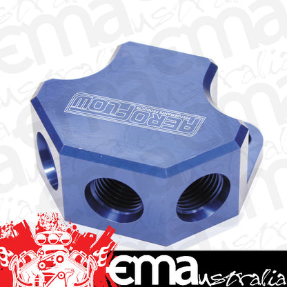 Aeroflow AF454-10-08 Y Block 4 Port Distribution Blue 3x -8ORB 1x -10ORB Inlet