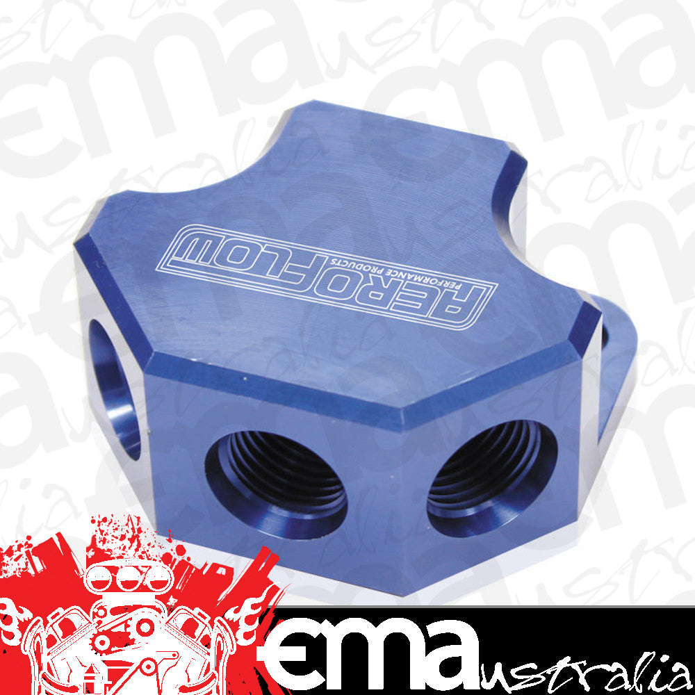 Aeroflow AF454-10-08 Y Block 4 Port Distribution Blue 3x -8ORB 1x -10ORB Inlet