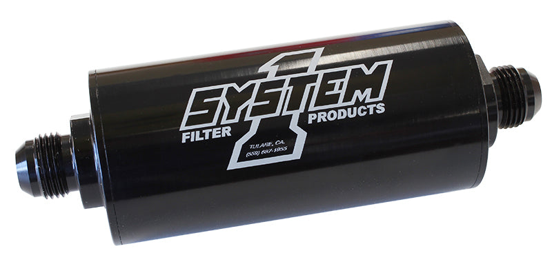 System One SY201-203408-B Medium Billet In-Line Fuel Filter Black anodized 2" O.D x 6" Long -8an Ends. 30 Micron