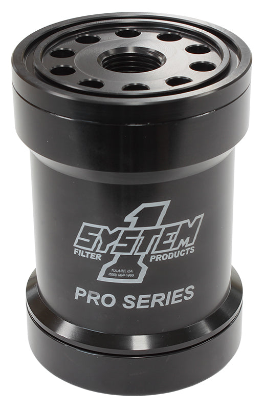 System One SY209-571-BPS Spin On Oil Filter 5-3/4" Long Black anodized w/ Universal Threads 3-3/4" Diameter w/ 75 Micron S/S Filter