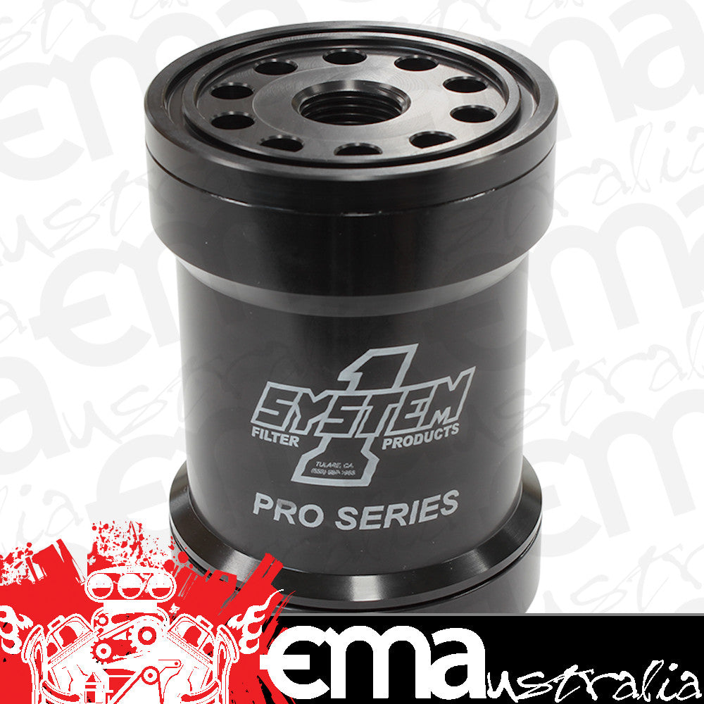 System One SY209-571-BPS Spin On Oil Filter 5-3/4" Long Black anodized w/ Universal Threads 3-3/4" Diameter w/ 75 Micron S/S Filter